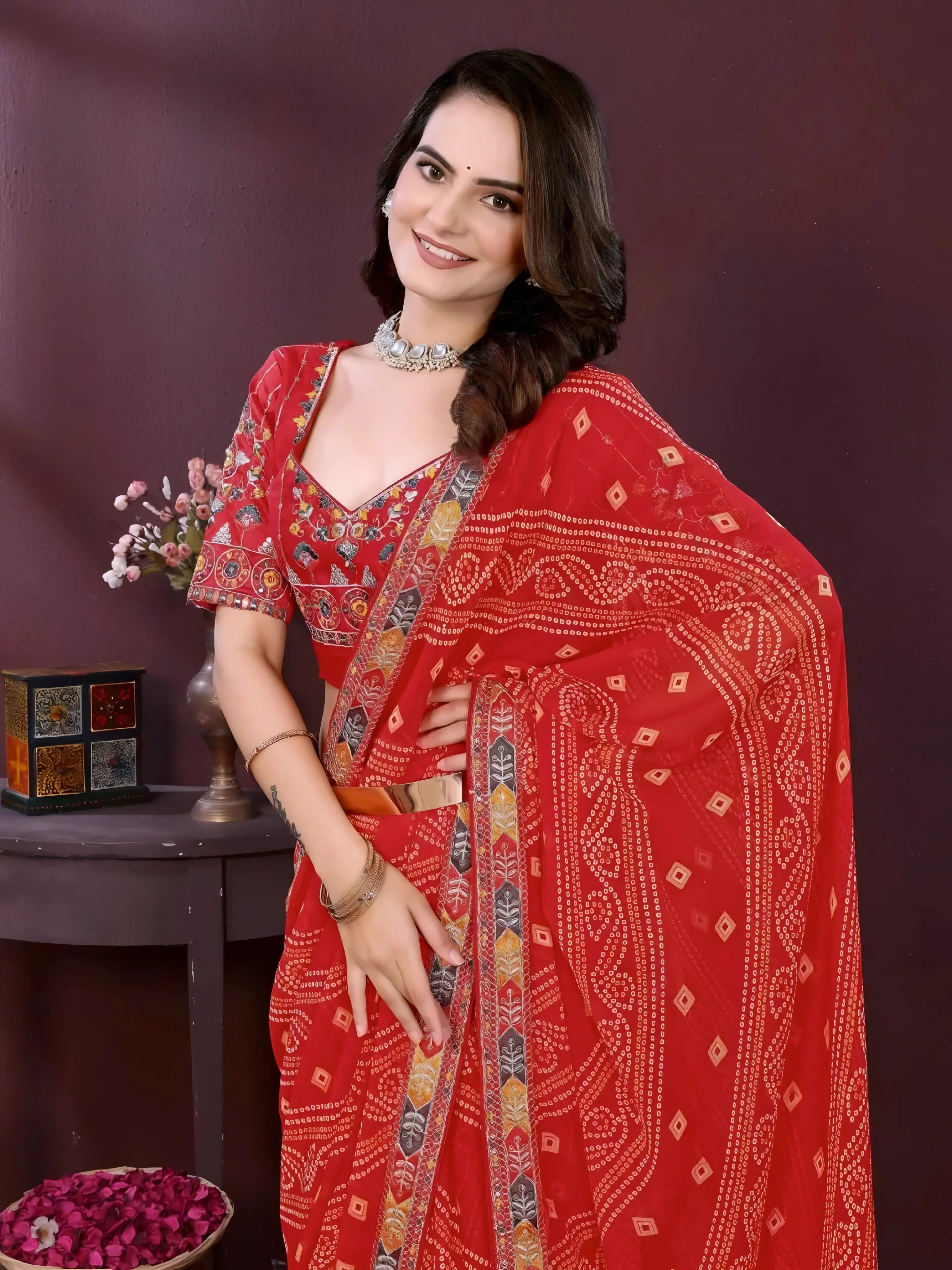 Orange Digital Print with Embroidery Work Georgette Saree